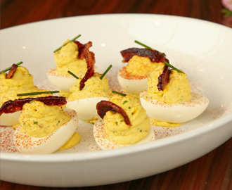 deviled eggs with candied bacon and chile pop rocks