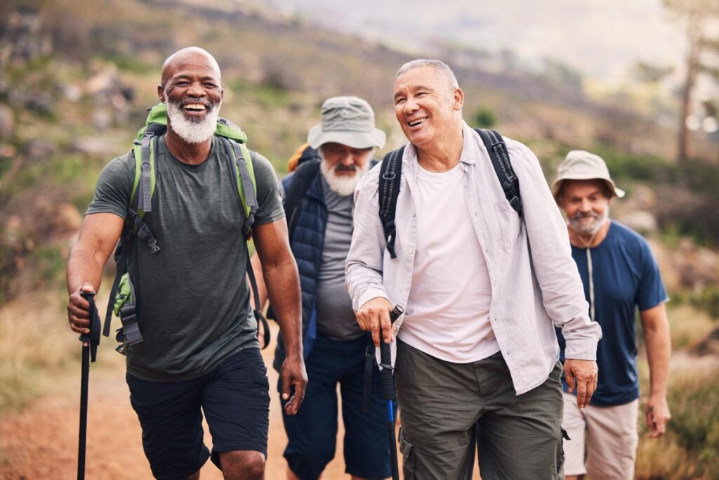 group of senior citizens hiking in the wilderness as part of 7 outdoor exercises for senior citizens