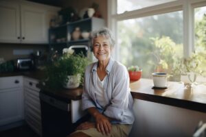 older woman seated by her kitchen window thinking about senior living and what is it