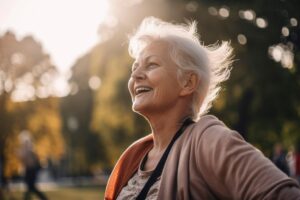 female senior citizen smiling while walking on a sunny day and wondering how much do independent living services cost in Beaumont, TX?