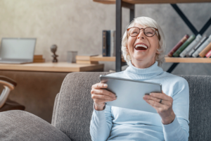 A senior enjoying high-tech senior amenities