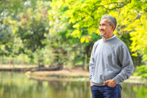 Man thinking about how outdoor amenities contribute to senior health